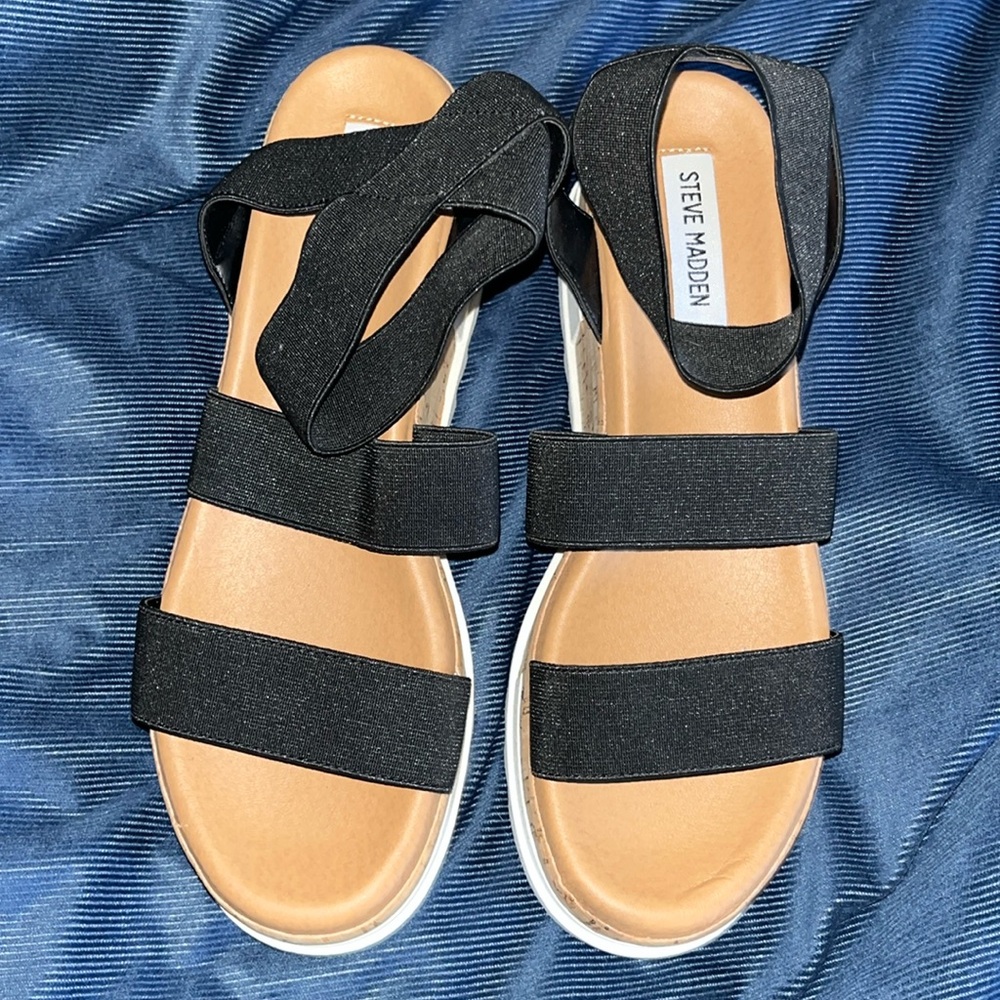 Steve Madden Black Elastic Strap Sandals with Tan Footbed